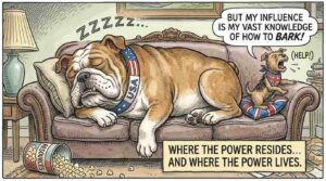 Wide Aspect. Two dogs: a large American bulldog on a leather sofa, a small British terrier barking. The terrier wears a bowler hat. The bulldog wears a MAGA hat. Behind them, a White House door. A speech bubble from the bulldog reads 'Who's a good ally?' The terrier replies 'I am. I think.'