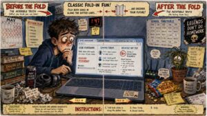 Long Shot. A living room. A parent stares at a laptop screen with resigned exhaustion. A speech bubble reads 'We worried about Fortnite. Turns out the danger was a forum with a worse font.' A teenager in the background scrolls on a phone. A VPN icon is visible.