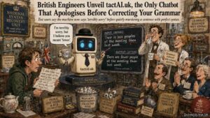 Close-Up. A tactAI.uk error message. It reads 'We may have misunderstood one another, and responsibility is undoubtedly shared.' A small icon of biscuits appears. A printer next to it shows 'Paper Jam Since 2019.' A user looks calm. The computer blamed them but brought biscuits.