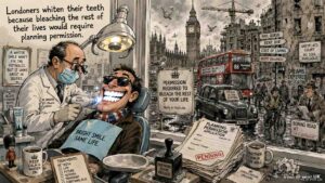 Wide Aspect. A dental clinic waiting room. A shade chart shows shades including 'Influencer Neutral,' 'Executive Frost,' 'Celebrity Divorce,' and 'Full Simon Cowell.' A patient holds a ring light and a filtered photo. A dentist looks concerned. A sign reads 'The Hollywood Smile. From Croydon.'