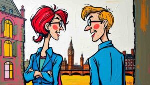 Medium Shot. A couple stands on a Tube platform. The doors close on one partner. A speech bubble reads 'If they let the doors close on each other, they're already emotionally single.' Another couple argues on the Circle Line. A sign reads 'Circle Line - Relationship Test Track.'