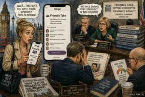 Medium Shot. A woman sits at a laptop reviewing a dating profile. She holds a clipboard labeled 'Character References Required.' Three friends sit behind her like an advisory panel. A speech bubble reads 'Returned my Tupperware without being asked.' A note says 'Approved by 3 flatmates, 2 colleagues, 1 bartender.'