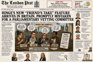 Long Shot. A dating profile screen. A testimonial section reads 'Give him back by midnight,' 'Ask about the camping trip,' and 'He once queued without sighing.' Another submission: 'Actually quite nice.' A panel of friends reviews the applicant. A sign reads 'Romance Cabinet - Peer Review.'