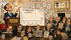 Medium Shot. The Chancellor stands beside a graph showing 0.1% growth. The graph is so flat it requires a ruler to detect movement. He holds a champagne bottle, unopened. A speech bubble reads 'Significant momentum!' Another bubble says 'Mild shrug.' A national mood meter moves from 'Sigh' to 'Mild Shrug.'