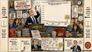 Long Shot. A City trading floor. Traders look at a screen showing 0.1% growth. A speech bubble reads 'Growth in the flush.' Another trader says 'Robust, if not entirely robust.' An economist announces 'We've moved from circling the drain to loitering near the drain.' A Freddo chocolate bar sits on a desk.