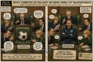Medium Shot. A parliamentary committee room. MPs sit behind a curved desk. A sign reads 'Inquiry into the Rules of Football - Penalty Procedure, Pitch Positioning, Vibes.' A witness holds a football. Another holds a document titled 'How a Kicked Ball Can Fail to Enter the Net.' A man from Solihull holds a written submission. A speech bubble says 'We need to understand.'