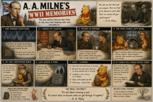 Close-Up. Piglet wears an oversized air-raid warden helmet. A speech bubble reads 'Take cover!' but his voice is a whisper. A second bubble says 'Not heard beyond a three-foot radius.' Rabbit holds a rejected megaphone permit. A small tin badge sits beside Piglet. He has been reassigned to sandbag inspection.