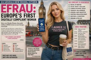 Medium Shot. The eFrau digital woman stands in a futuristic living room. A speech bubble reads 'Before approaching romantically, specify the lawful basis for your interest. Options: Consent, Contract, Legitimate Interest, Public Duty, or 'We both reached for the same organic courgette.'' A clock shows a first date pending. A rejection notice is visible.