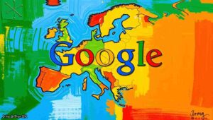 Medium Shot. A European Commission official stands at a podium holding a press release. A speech bubble reads '€890 million fine.' Another official types into Google Search: '€890 million in normal money.' A screen shows the conversion result. A third official presents slides from Google Drive.