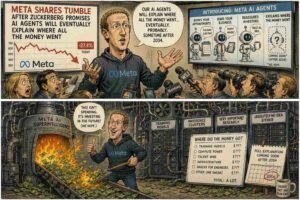 Wide Aspect. A split scene. Left: Zuckerberg in a metaverse headset with a speech bubble 'The metaverse is inevitable.' Right: The metaverse now stands behind AI, holding a sign 'Waiting for funding.' A graph shows Reality Labs losses continuing.