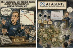 Medium Shot. Mark Zuckerberg stands at a Meta press conference with a chart showing $60.8 billion revenue and $42 billion costs. A speech bubble reads 'AI agents will explain everything eventually. Maybe 2034.' A screen shows a spinning 'Processing' icon.