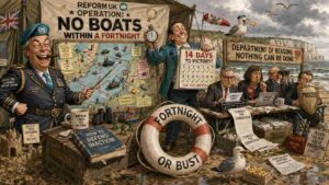 Medium Shot. Nigel Farage stands at a podium with a naval backdrop. A sign reads 'Operation Fortress - No More Boats Within a Fortnight.' Behind him, a Royal Navy vessel. A speech bubble reads 'We have a navy, a coastline, and legal authority.'