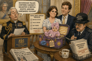 Medium Shot. Officer Graham Pilkington sits across from a translator and a newborn baby in a bassinet. A sign reads 'Home Office Loyalty Interview - Infant Division.' A laminated flowchart titled 'What To Do If A Royal Enjoys Something' sits on the table. The baby gurgles. Pilkington removes his cardigan.