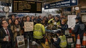 Wide Aspect. A tortoise slowly crosses railway tracks. Two railway workers in high-vis jackets look down with clipboards. A sign reads 'Trespassing Tortoise - Rescue Operation.' The tortoise shows no urgency.