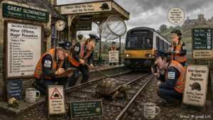 Long Shot. A calm English scene: a tortoise on tracks, a plane with wing walker above, and a sign reading 'England - Where We Report Wonders as Trivia.' A commuter reads a newspaper with both headlines.