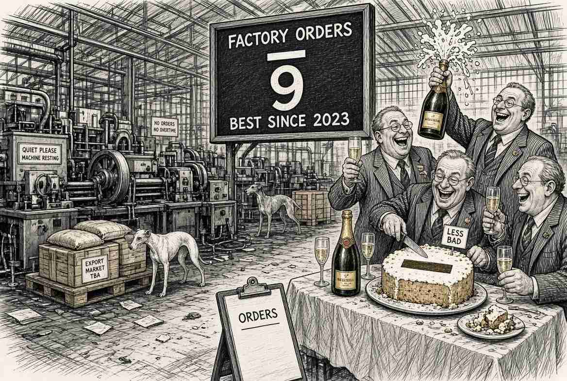 UK Factory Orders Hit Best Level Since 2023 at Minus Nine, Nation Celebrates Historic Achievement of Still Being Below Zero