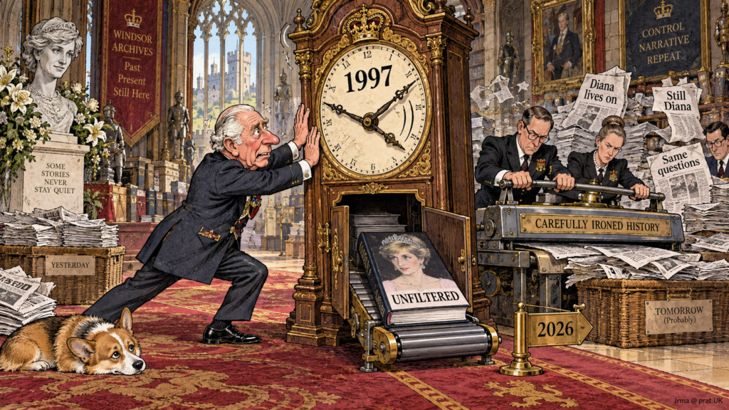 Close-Up. Queen Camilla stands beside a window, holding a newspaper she has just cancelled. A speech bubble reads 'Silence.' A nearby sign reads 'Waterstones - Temporary Retail Disturbance.' A teacup on the table shows a headline: 'Chapter Twelve Revealed.'
