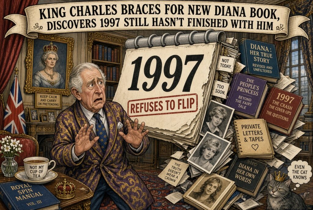Long Shot. Charles Spencer's book 'Swan Song' sits atop a pile of newspapers, each with headlines about the memoir. The book is 384 pages and costs £28. A shadowy King Charles is visible in the background, holding a phone. A speech bubble reads 'No comment.'