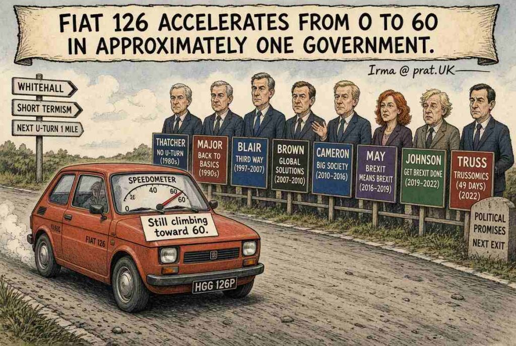 Long Shot. A Fiat 126 carrying a driver and passengers several hundred miles, captioned '500-Mile Expedition — Shackleton Would Have Said No.'
