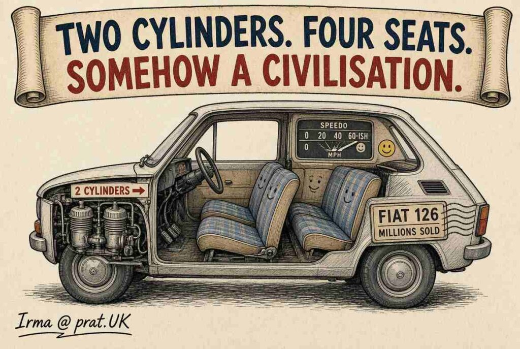 Medium Shot. A family of four improbably installed inside a Fiat 126, with luggage left at home and elbows clearly in dispute.