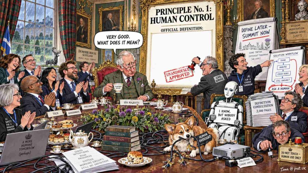 Human control will be the summit's most important principle. Unfortunately, the phrase has not yet been defined. -- AI Gathering at Dumfries House in Scotland