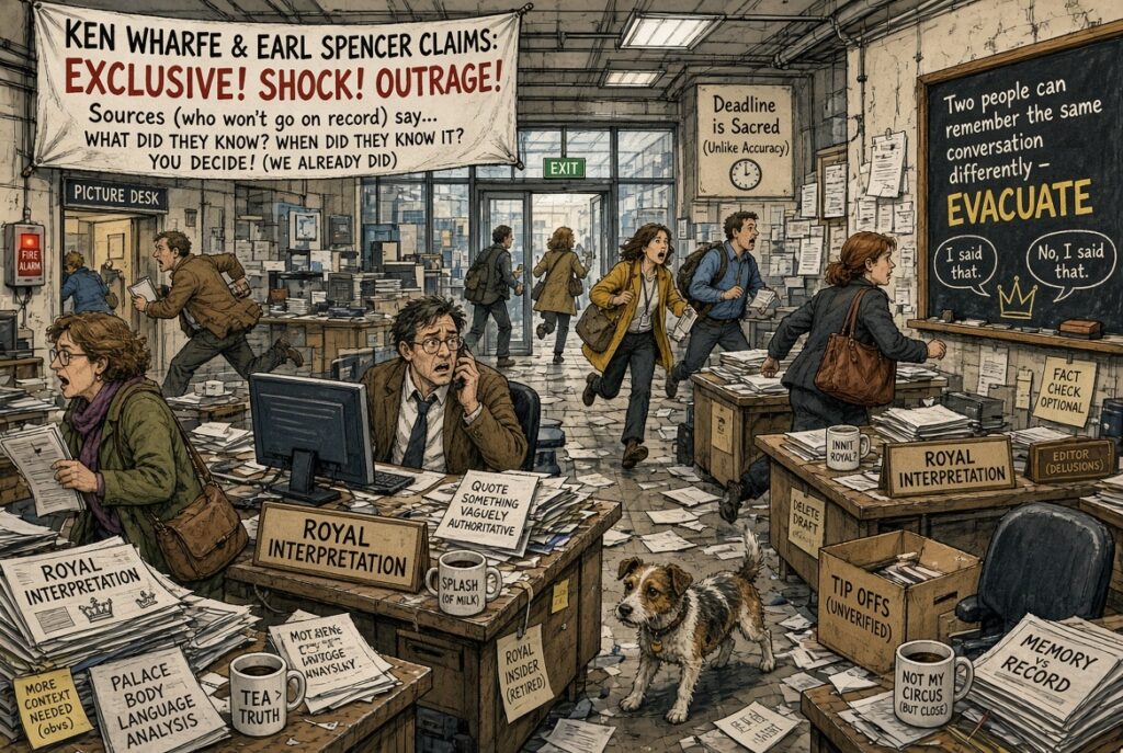 Wide Aspect. A Buckingham Palace press office issuing its traditional 'no comment' while a stack of memoirs and documentaries piles up outside the door.