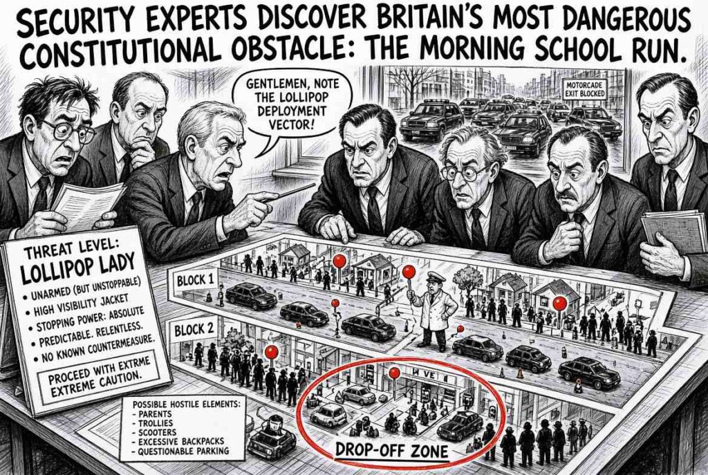 Satirical Illustration Satirical Illustration -- Security experts discover Britain's most dangerous constitutional obstacle: the morning school run