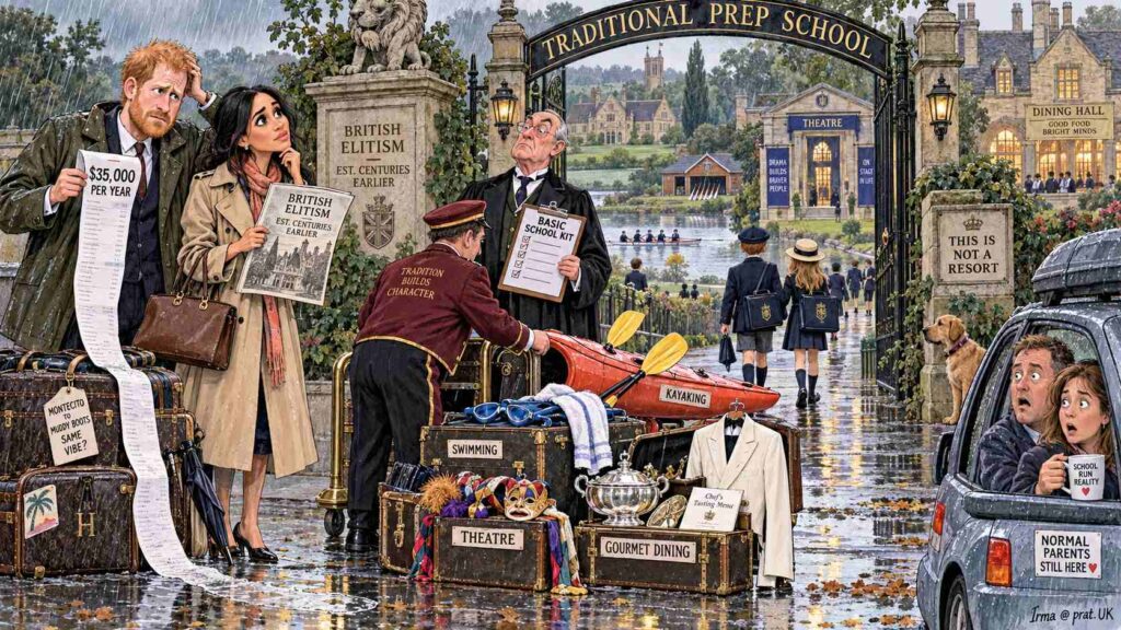 Satirical Illustration Satirical Illustration: Harry Finally Finds the Traditional British Childhood