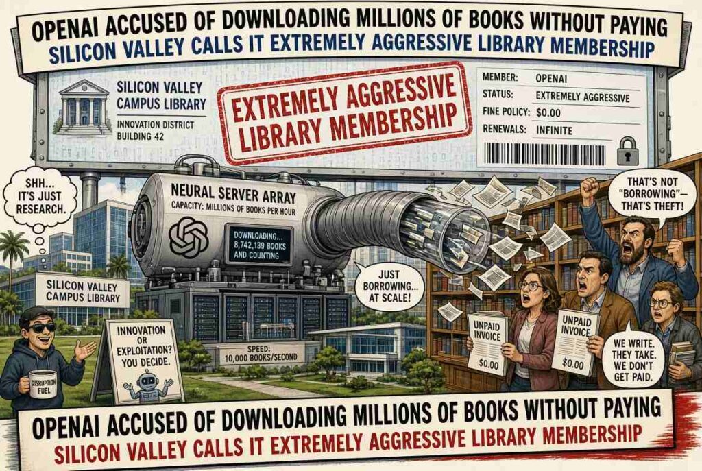 Satirical Illustration Satirical Illustration - Authors say ChatGPT was built using pirated books, while Silicon Valley unveils revolutionary legal doctrine: if the computer reads it really, really fast, apparently nobody read it at all