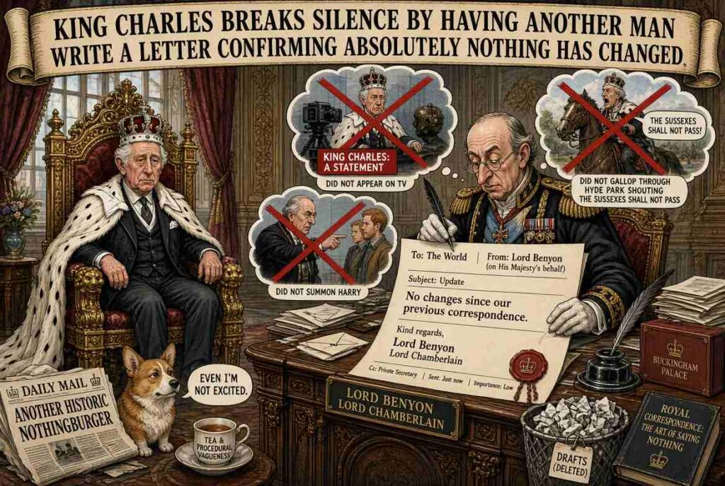 Satirical Illustration Satirical Illustration - King Charles Deploys Britain's Most Powerful Weapon: Administrative Clarification