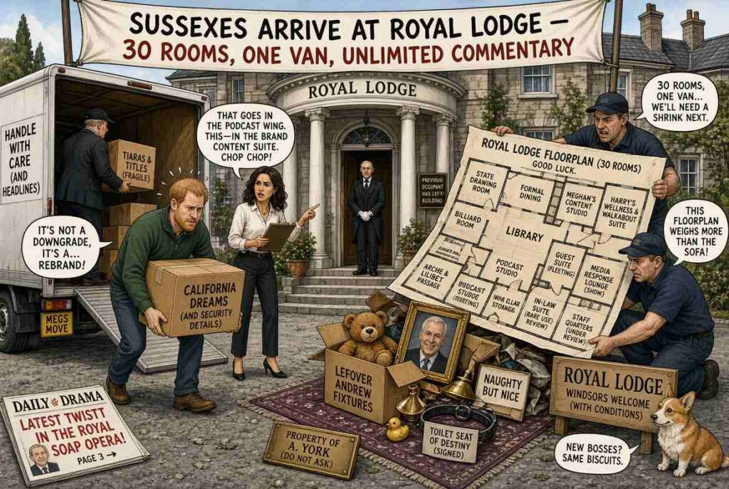 Wide Aspect. A split scene. Left: Montecito mansion with sign '$650,000/year - 16 Bathrooms.' Right: Royal Lodge with sign '30 Rooms - Windsor Great Park.' A calculator shows the difference. A speech bubble reads 'Downgrading to a palace.'