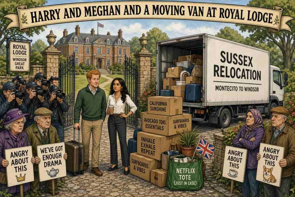 Medium Shot. A newspaper editor at a desk holds two ready headlines: 'GREEDY MEGHAN GRABS PALACE' and 'UNGRATEFUL MEGHAN SNUBS KING.' A speech bubble reads 'Either way, we win.' A stack of papers reads 'Daily Indignation.'