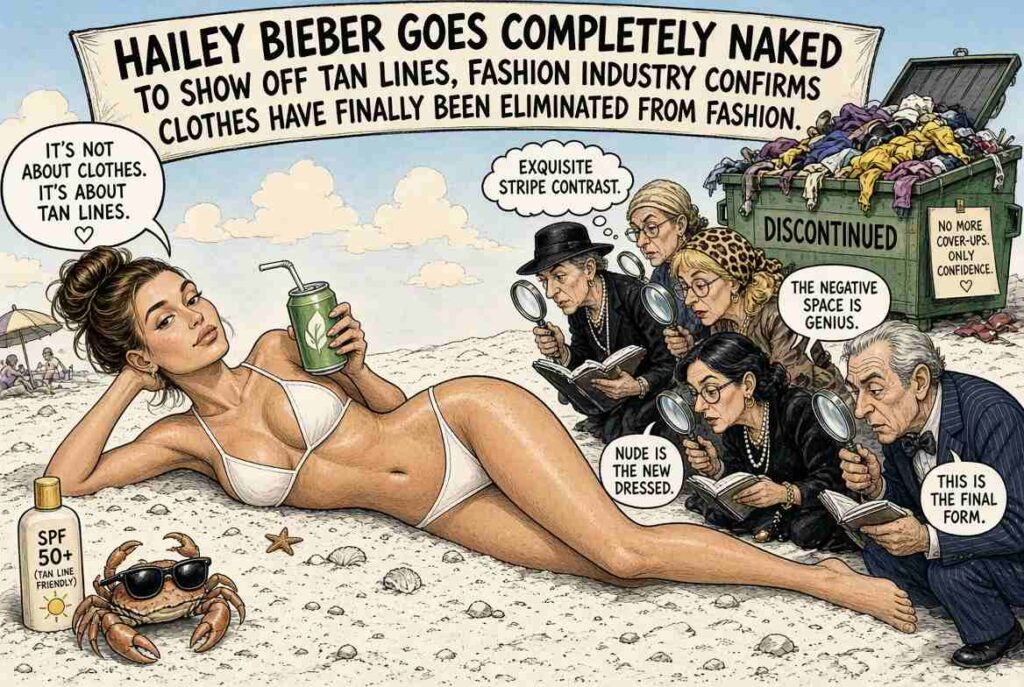 Close-Up. A sun wearing a tiny fashion designer's beret. A speech bubble reads 'I've been designing tan lines for 4.6 billion years.' A fashion credit reads 'Designer: Sun. Accessory: Tan Line. Wardrobe: Gone.' The sun looks very pleased.