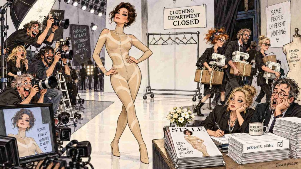 Wide Aspect. A fashion editor sits at a desk with an empty wardrobe rack beside her. A sign reads 'What She Wore: Nothing.' A tan line is circled on a magazine photo. A caption reads 'Designer: Sun. Accessory: Tan Line.'