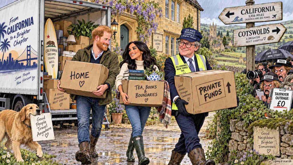 Satirical Illustration Satirical Illustration - Prince Harry and Meghan Markle are reported to be establishing a base in the United Kingdom