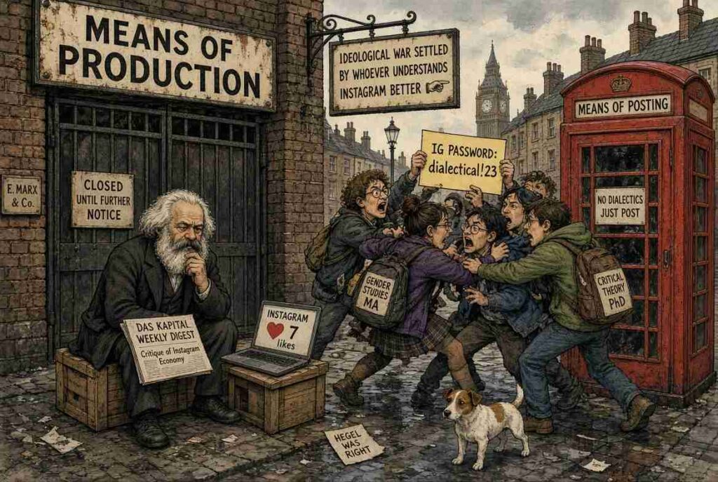 Satirical London split of the means of production versus the means of posting