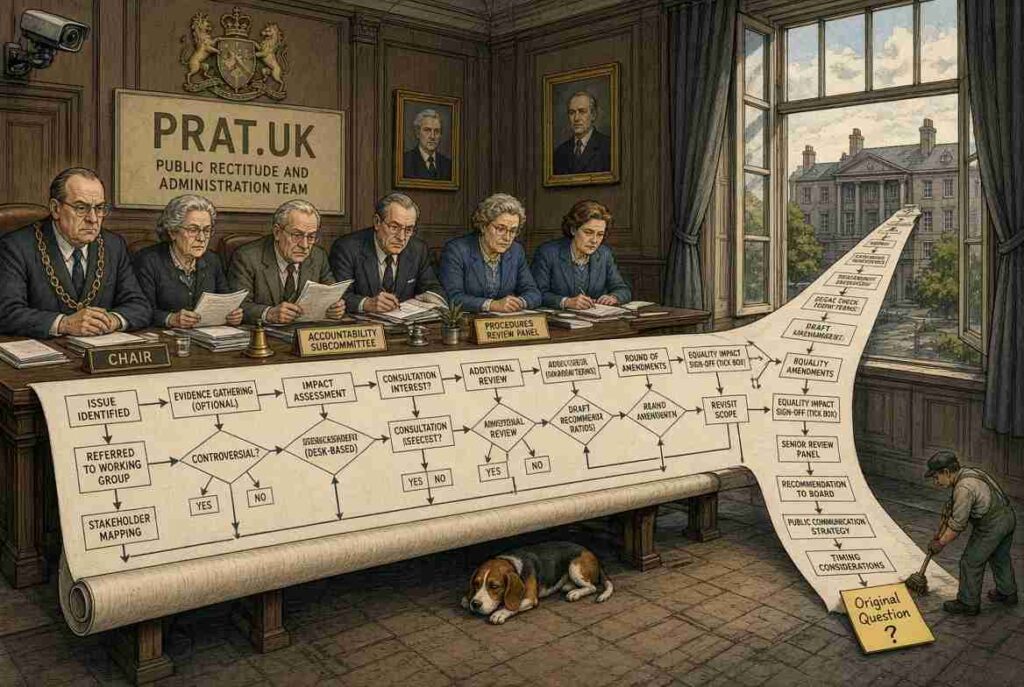 Satirical illustration of the original question lost under paperwork