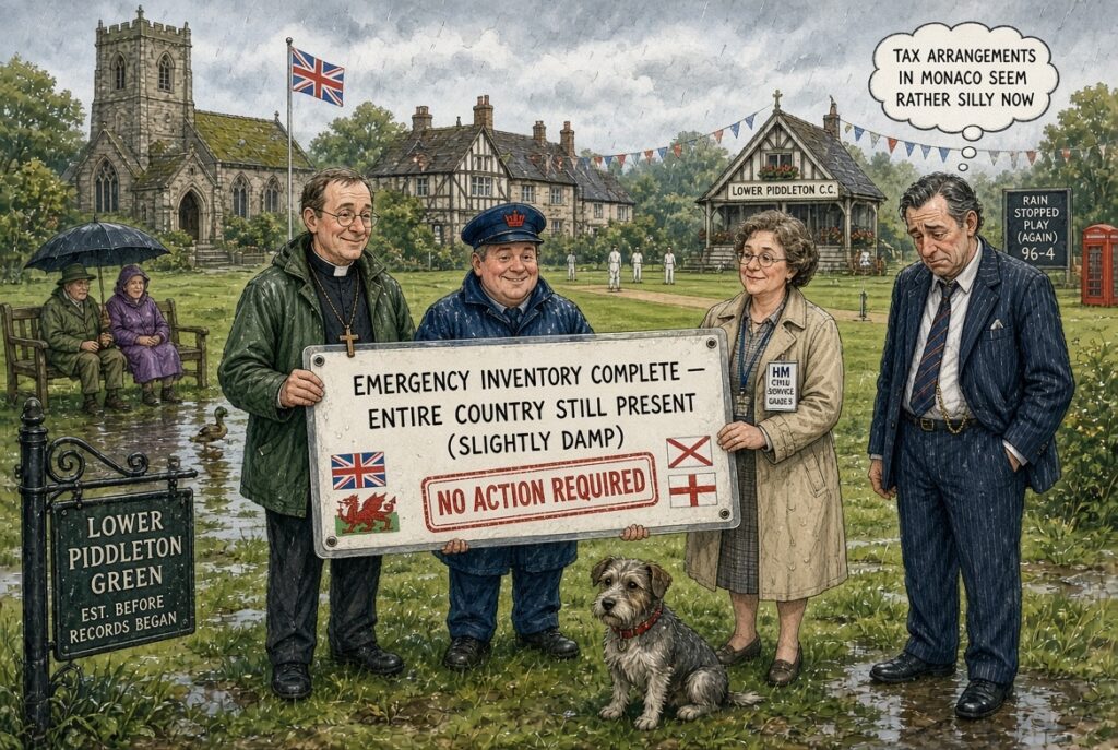 Medium Shot. Sir Jim Ratcliffe declaring Britain is 'on the slide,' with Treasury officials behind him unveiling a playground slide marked 'Slide Duty - Form SL1 Required.'