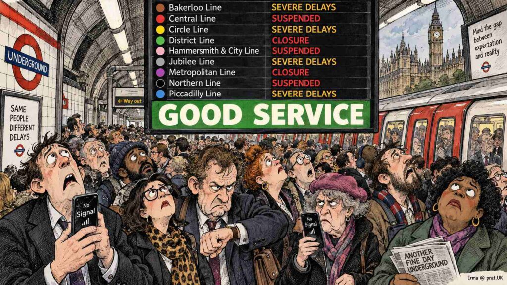 The London Prat () The London Prat () London transport achieves operational excellence by placing the words "good service" immediately beneath a list of everything currently going wrong