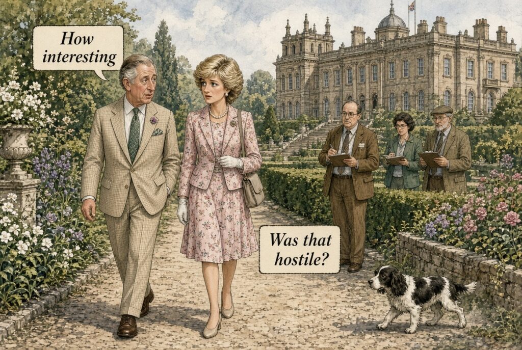 Wide Aspect. A royal memory dispute tableau showing Princess Diana, King Charles and Earl Spencer each recalling the same conversation differently, captioned 'Everyone May Be Telling the Truth.'