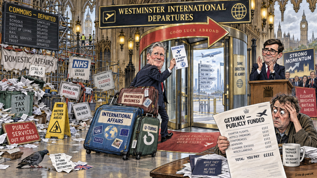 Wide Aspect. A revolving door at the Houses of Parliament. Starmer exits with luggage while Burnham enters holding a document titled 'Six-Point Positivity Strategy.' A sign reads 'Designed in Britain. Reconsidered Without Notice.' A taxpayer holds an invoice.