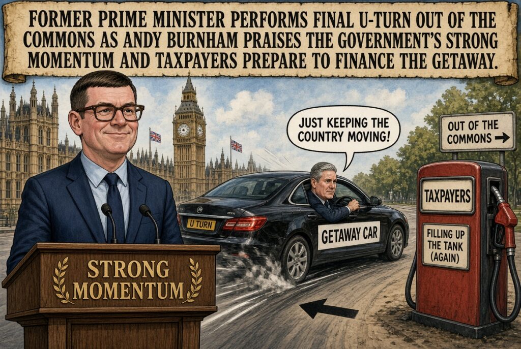 Medium Shot. Sir Keir Starmer walks out of the Houses of Parliament carrying two boxes and a laptop. A speech bubble reads 'I have solved Britain to the full extent permitted by the warranty.' Andy Burnham waves from behind, holding a positivity strategy document.
