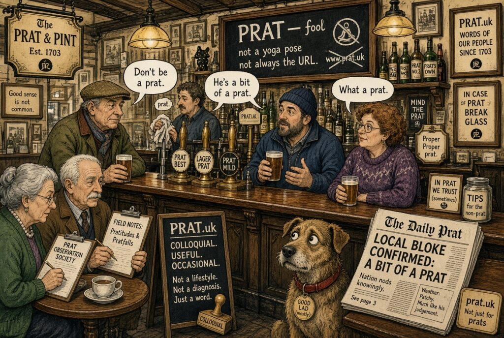 Wide aspect dictionary tableau and street usage shot what “prat” actually means. ()