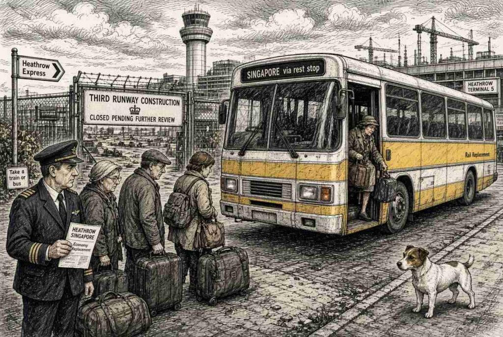 Wide aspect satirical ink cartoon of a National Rail replacement bus marked Singapore departing Heathrow Wide aspect satirical ink cartoon of a National Rail replacement bus marked Singapore departing Heathrow