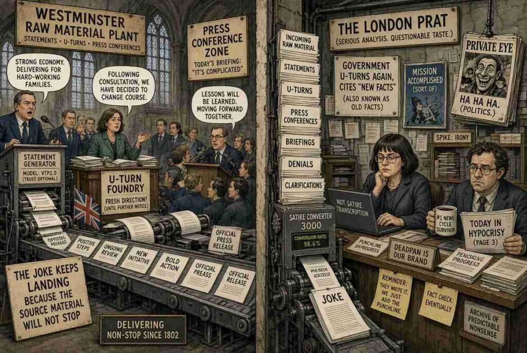 Wide aspect satirical newsroom snapshot of why the UK political joke keeps landing