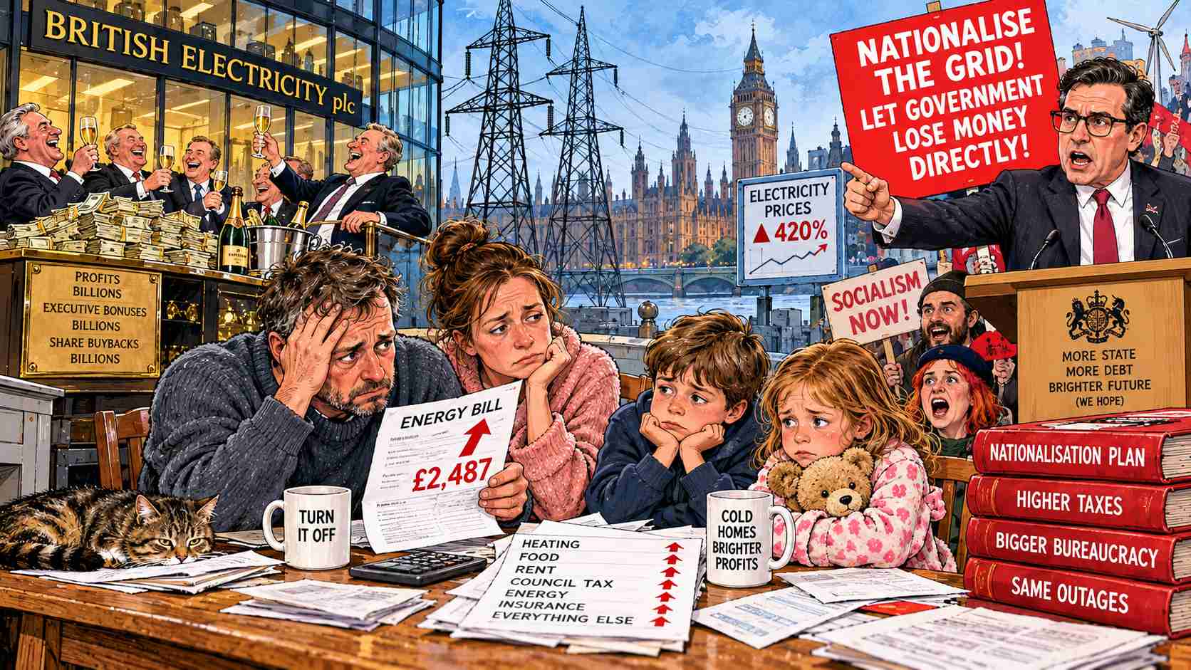 Capitalist Electricity Companies Collect Billions While British Families Struggle to Pay Bills, Socialists Demand Immediate Nationalisation of the Grid So Government Can Lose Money Directly Without Expensive Middlemen