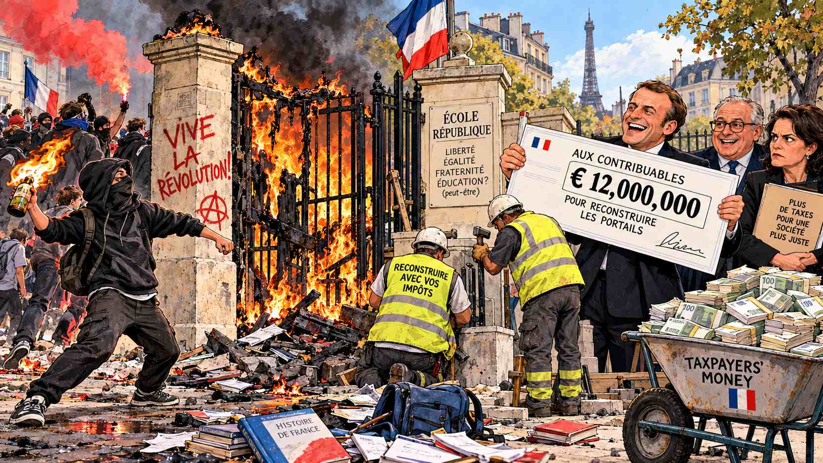 France’s Socialist Revolution Begins by Burning School Gates, Then Demands Taxpayer Money to Rebuild Them, Proving Capitalism Is Still Useful When the Revolution Needs a Cheque