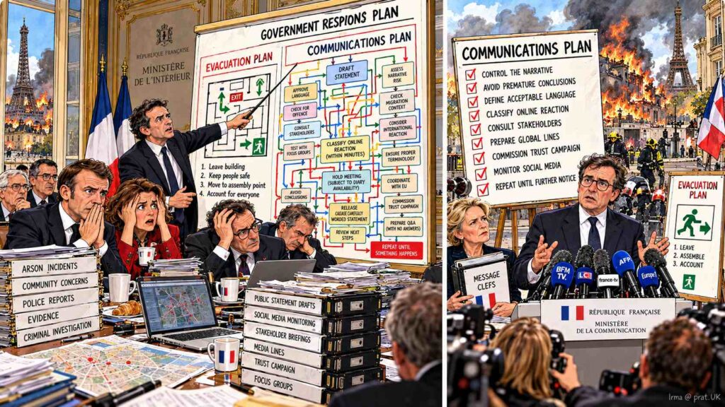Communication Over Evacuation A satirical scene of a French emergency meeting where officials discuss communication strategy and acceptable language while a firefighter asks whether water is still permitted, and a caretaker checks the exits