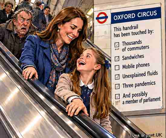 Oxford Circus escalator: holding on is an act of constitutional courage.