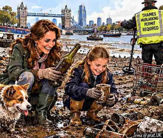 Princess Kate and Princess Charlotte pinching their noses outside a filthy Victoria Station toilet, with graffiti reading 'Long Live Kevin the Bacteria King'.